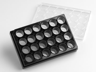 Corning® Elplasia® 24-well Black/Clear, Square, Plasma Treated, Microcavity Plate, with Lid